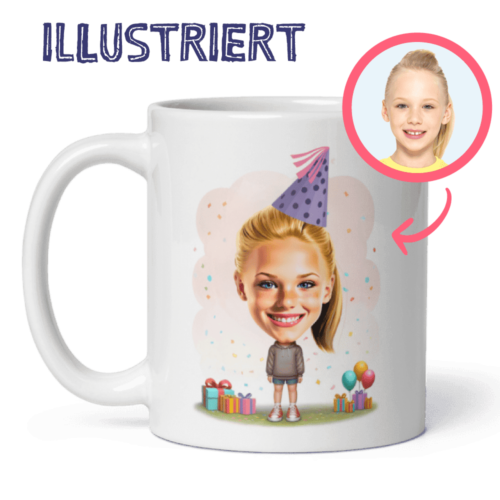 Geburtstagstasse - personalisierte Illustration des Mädchens von Ihrem Foto mit Geburtstagsballons, Konfetti und Geschenken