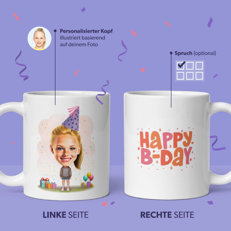 Geburtstagstassen - personalisierte Illustration des Mädchens mit Geburtstagselementen, Luftballons, Konfetti, Kuchen und Geschenken und alles Gute zum Geburtstag Zitat auf der rechten Seite der Tasse