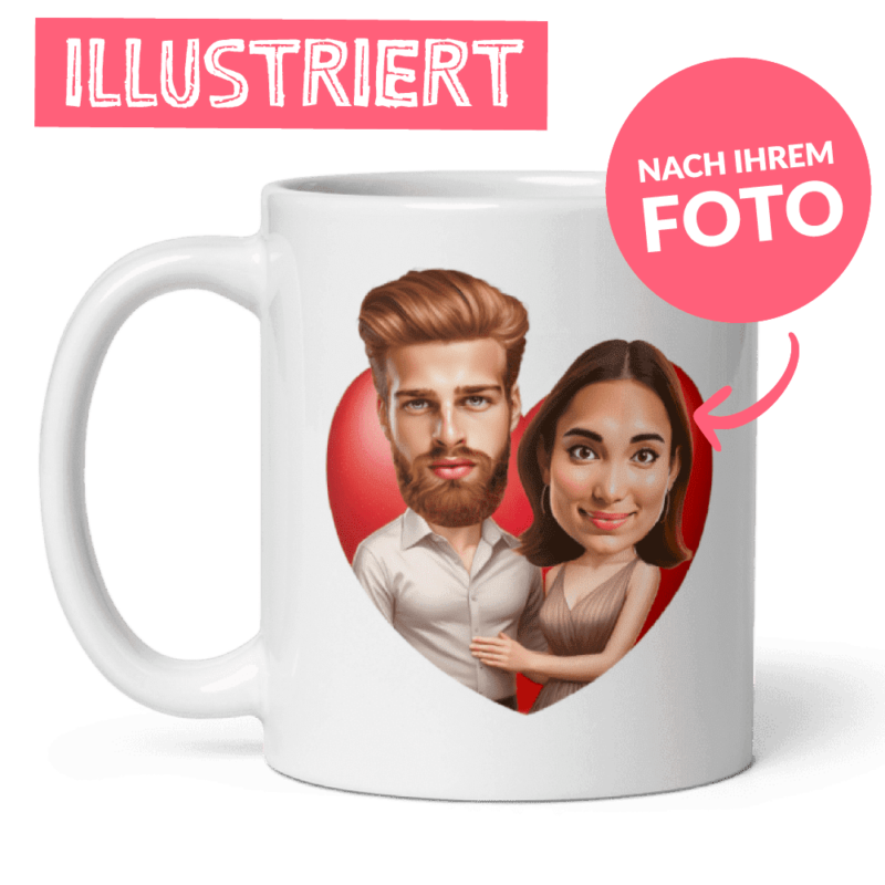 personalisierte Paartasse - Illustration eines jungen Paares in großem Herzen - personalisiert von Ihren Fotos