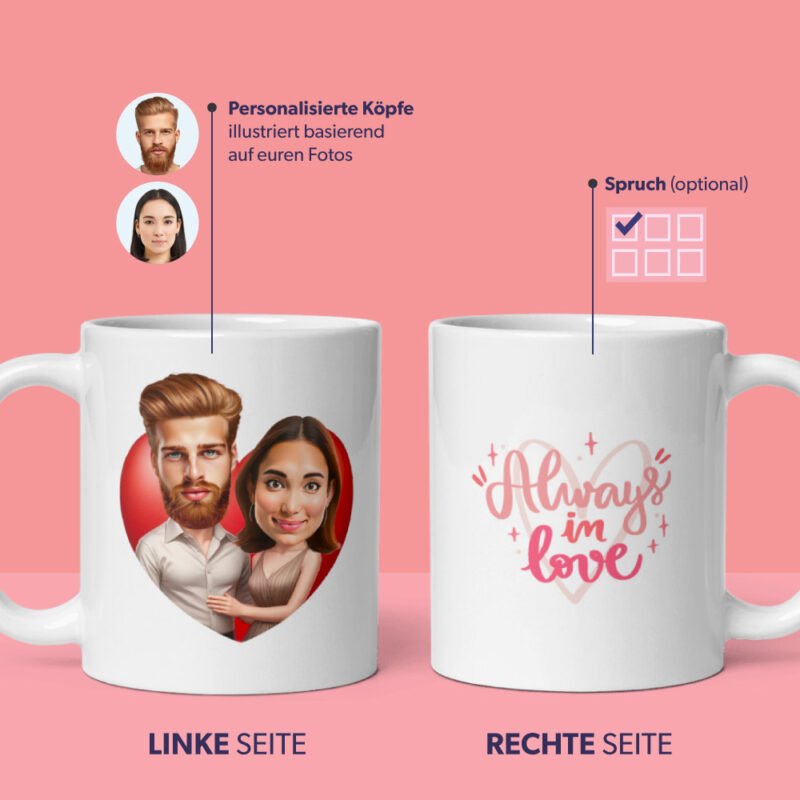 personalisierte Paar Tasse - Paar in großer Herzillustration - personalisiert von Ihren Fotos mit benutzerdefinierten "Liebe" -Zitaten