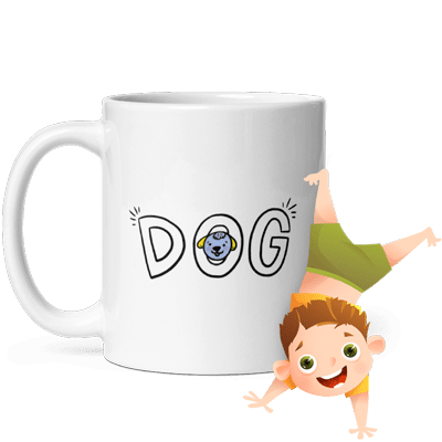 personalisierte Hundetasse mit Kinderillustration darüber