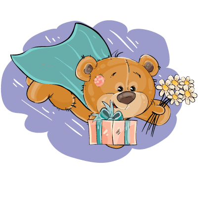 Illustration eines Bären als Superheld mit Geschenken und Blumen