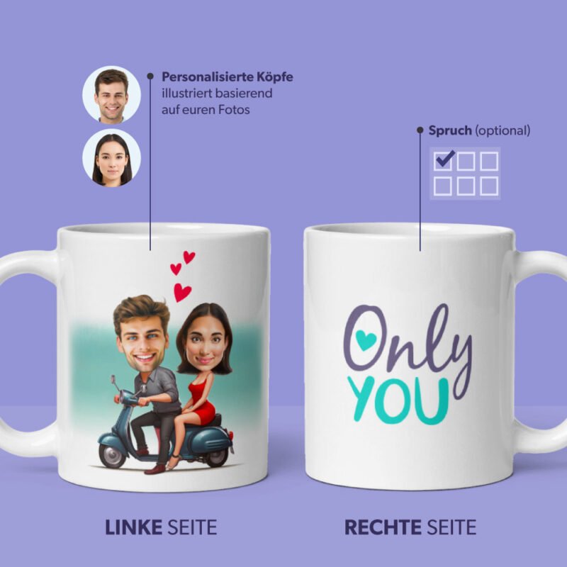 personalisierte Tasse des Paares, das ein Motorrad fährt, Illustration von Foto mit Herzen im Hintergrund und benutzerdefinierte Paarzitate