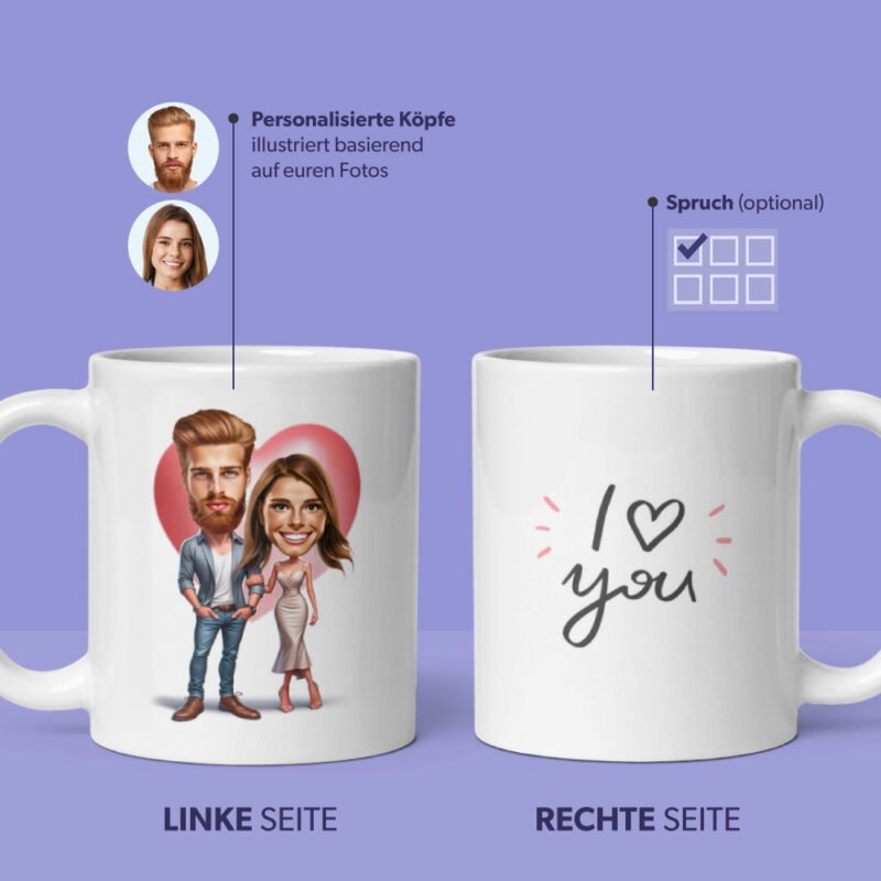 Personalisiertes Paar Tasse - Illustration eines jungen Paares im Herzen - personalisierte Köpfe von Fotos mit Liebeszitaten