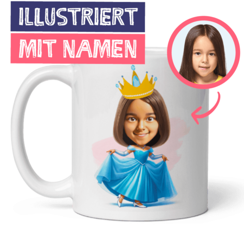 Süße Illustration eines kleinen Mädchens als Prinzessin mit Krone - einzigartige Prinzessinnentasse von Ihrem Foto