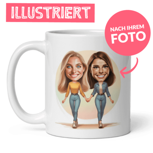 personalisierte Tasse mit Illustration von zwei Schwestern - illustriert von Ihren Fotos