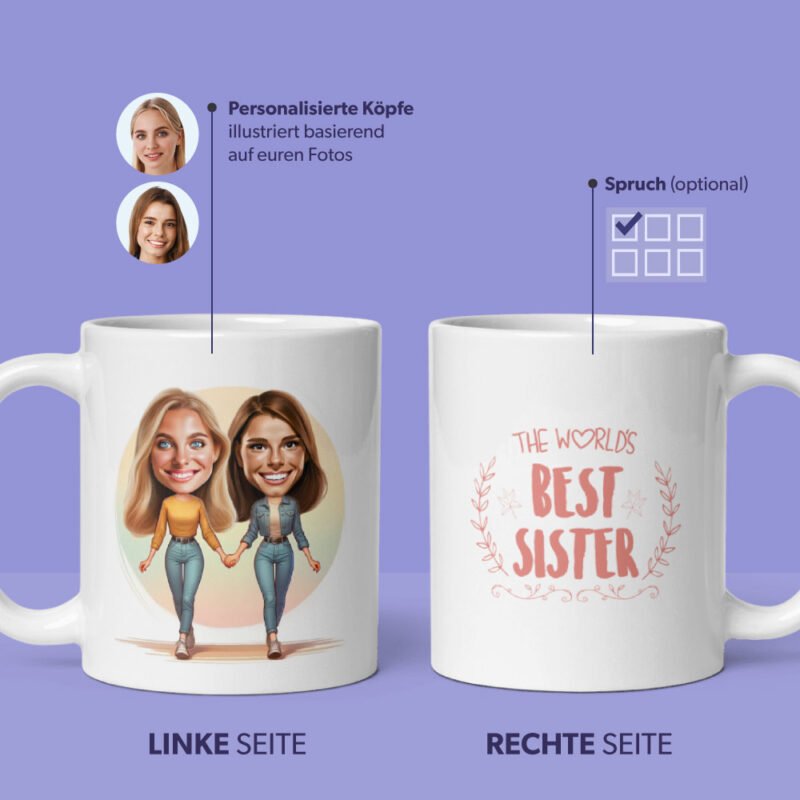 Die beste Schwesterntasse der Welt - 2 Schwestern Illustration personalisierte Köpfe - illustriert von Ihren Fotos mit Schwesternzitaten