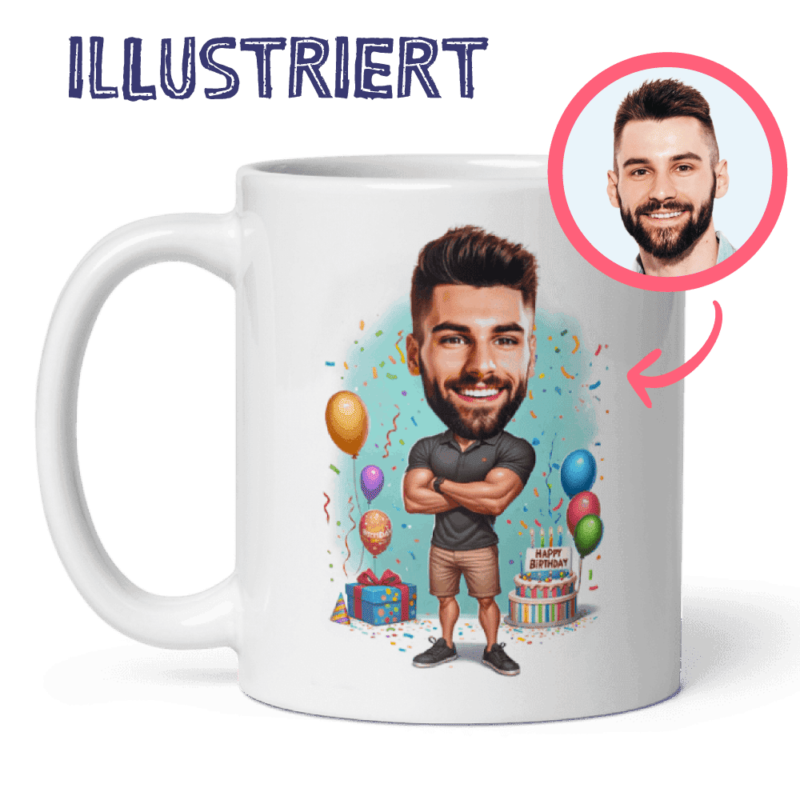 Geburtstagstasse - mit vollständig personalisierter Illustration des Mannes mit Luftballons, Geschenken, Geburtstagstorte und Konfetti, illustriert von Ihrem Foto