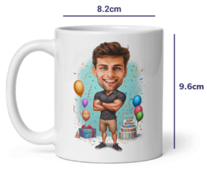 Personalisierte Geburtstagstasse - personalisierte Illustration des Mannes mit Luftballons, Geschenken, Geburtstagstorte und Konfetti