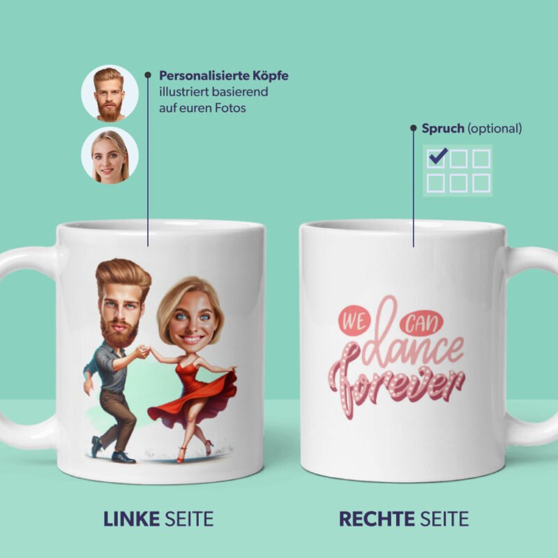 Personalisierte Paartasse - Illustration des tanzenden Paares - personalisierte Köpfe von Fotos - mit benutzerdefinierten Paarzitaten