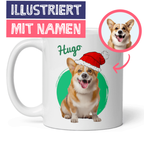 Personalisierte Tasse für Hundeliebhaber - personalisierte Hundeillustration mit Weihnachtsmütze und Hundename