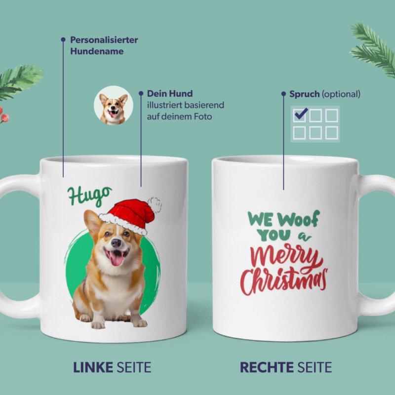 Illustration eines Hundes mit Weihnachtsmütze - Neujahrstasse mit einer personalisierten Illustration Ihres Hundes und dem Namen des Hundes