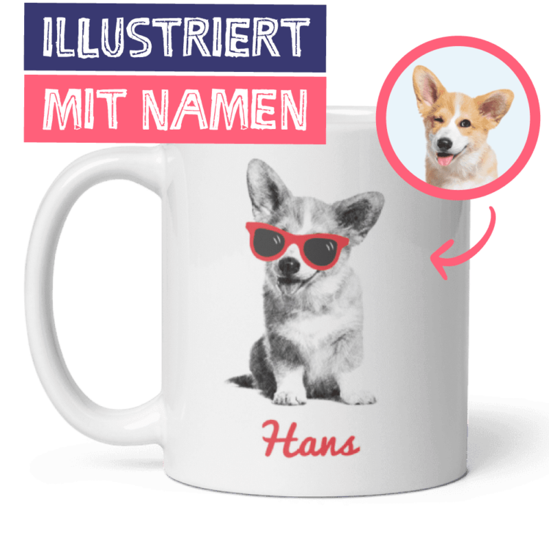 Hundezeichnung - Schwarz-Weiß-Illustration mit roter Brille - personalisierte Hundetasse