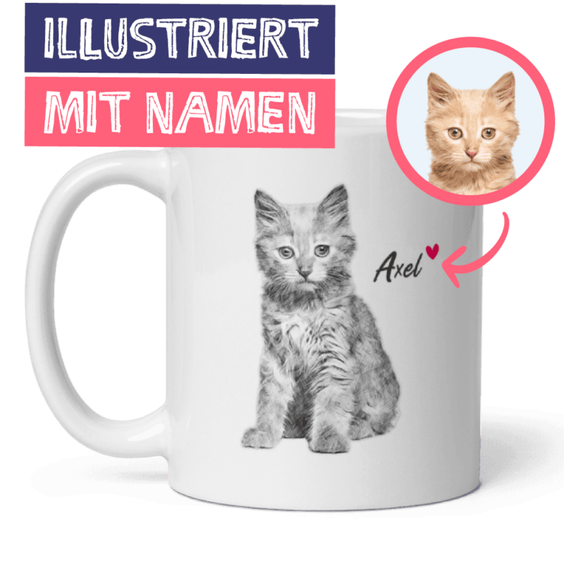 Schwarz-weiße Katzenillustration vom Foto, mit Katzennamen und Herz - gedruckt auf einer Kaffeetasse