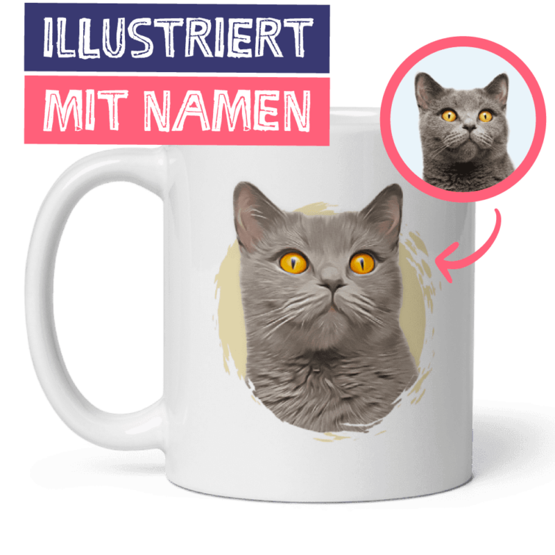 Illustration Ihrer Katze auf einem Becher mit individuellem Design gedruckt