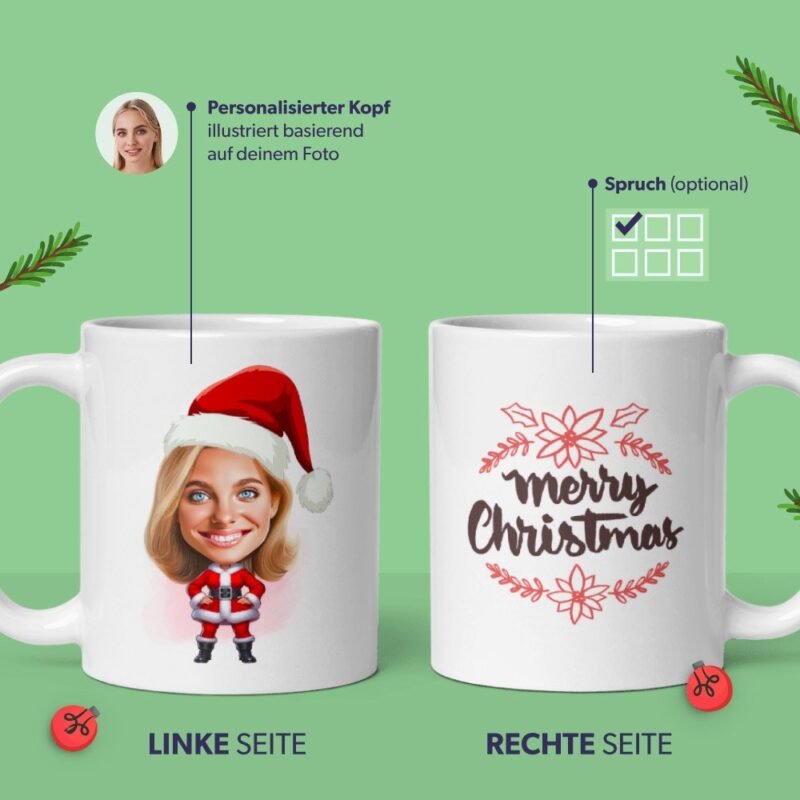 Personalisierte Weihnachtstasse für Frauen - Weihnachtsfrau Illustration von Ihrem Foto - Frau in Weihnachtsmannuniform mit Weihnachtszitaten