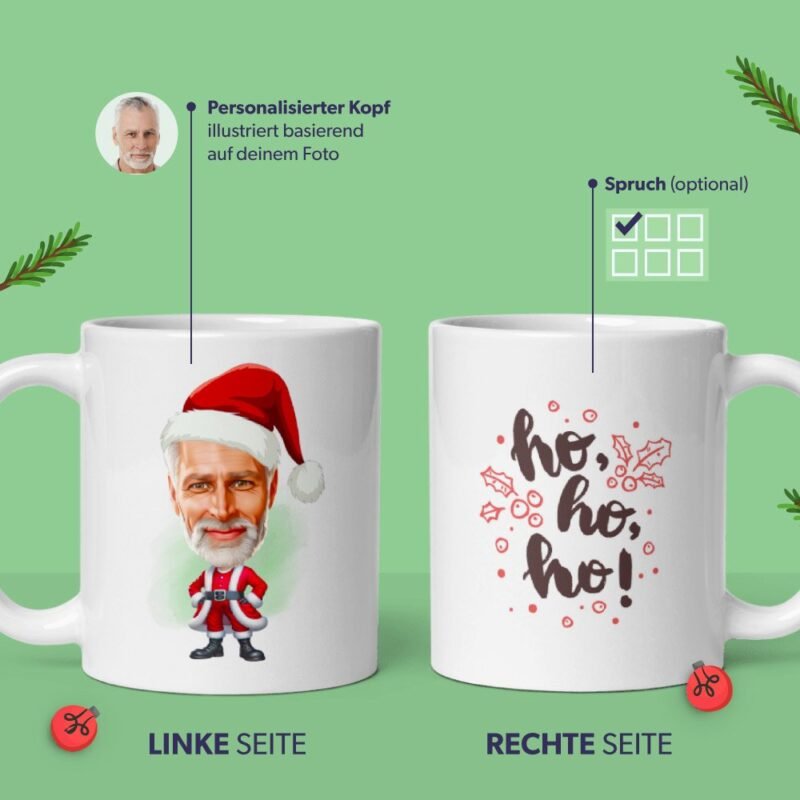 Personalisierte Weihnachtstasse - Weihnachtsmann Illustration von Ihrem Foto - in Weihnachtsmannuniform mit benutzerdefinierten Weihnachtszitaten