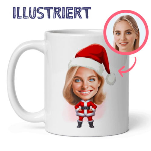 Personalisierte Weihnachtstasse mit Weihnachtsfrau-Illustration - nach Ihrem Foto