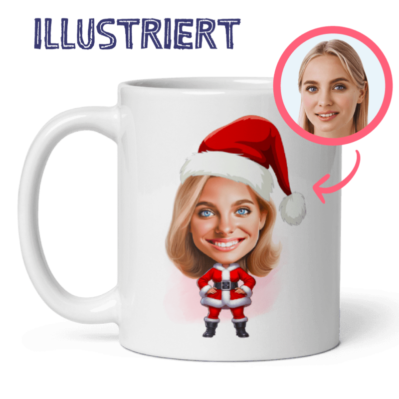 Personalisierte Weihnachtstasse mit Weihnachtsfrau-Illustration - nach Ihrem Foto