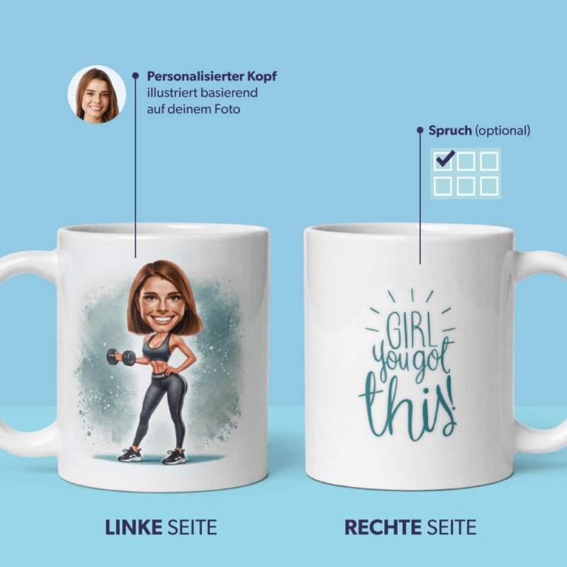 Fitness-Tasse – Illustration einer fitten Frau, die Gewichte hält – personalisiert anhand Ihres Fotos mit individuellen Motivationszitaten