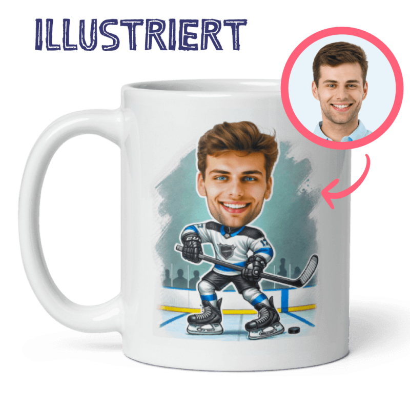 Eishockeyspieler-Illustration – personalisiert anhand Ihres Fotos, gedruckt auf einer Tasse