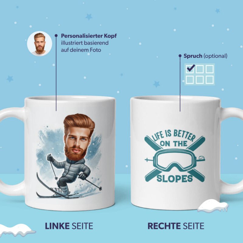 Skifahrer-Tasse – personalisiert anhand Ihres Fotos mit individuellen Ski-Zitaten