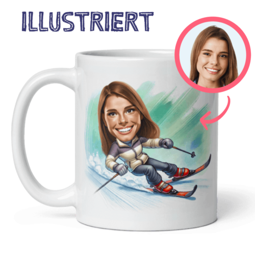 Skifahrerin Tasse – personalisierte Illustration von Ihrem Foto – mit individuellem Zitat