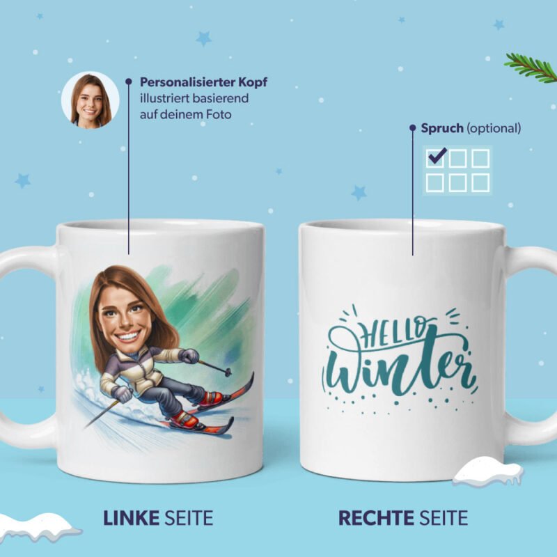 Skifahrerin-Tasse auf blauem Hintergrund – personalisierte Illustration eines Mädchens als Skifahrerin mit „Hallo Winter“-Zitat