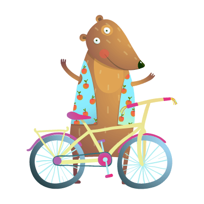 Illustration eines Bären in einem bunten Hemd, der Fahrrad fährt