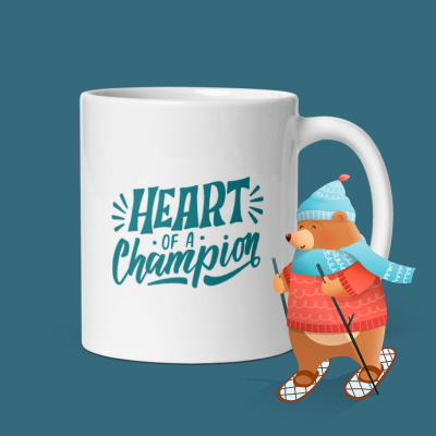 „Heart of a Champion“-Sportbecher mit Bärenski-Illustration neben dem Becher