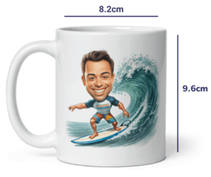 Surf-Illustration von Ihrem Foto auf einer Kaffeetasse gedruckt – ideales Surfer-Geschenk