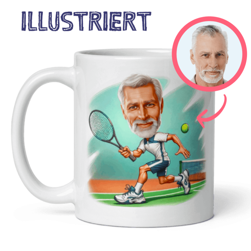 Maßgeschneiderte Tennistasse – personalisierte Tennisspieler-Karikaturzeichnung von Ihrem Foto