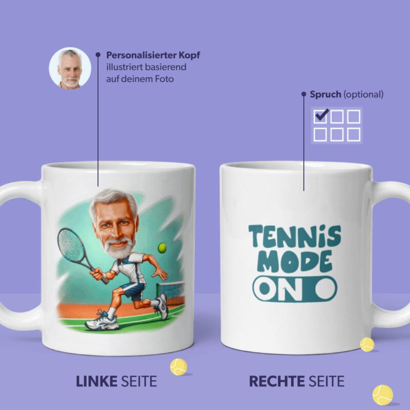 Zwei personalisierte Tennisbecher auf lila Tennisplatz-Hintergrund – perfektes Tennis Tasse-Geschenk