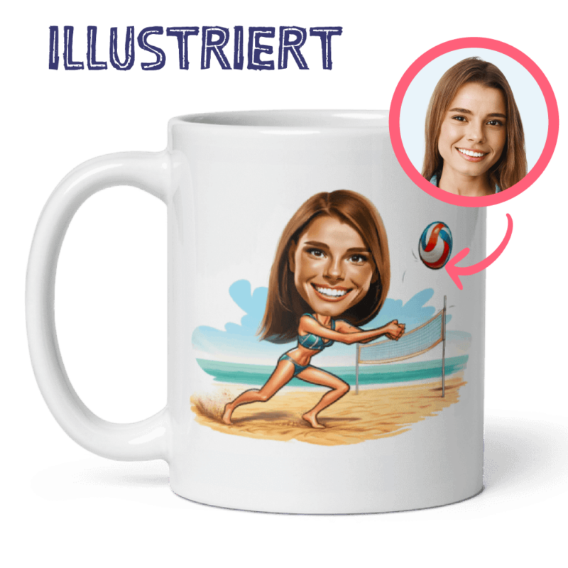 Volleyball-Tasse – personalisierte Illustration einer Frau, die Beach-Volleyball spielt – von Ihrem Foto