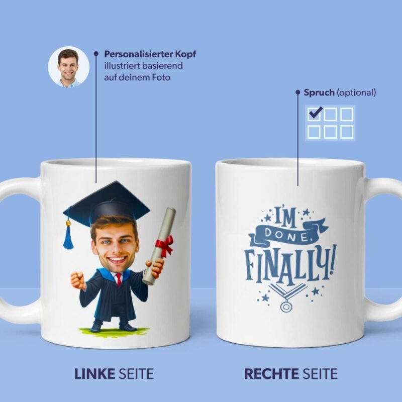 Bachelor-Abschluss-Tasse – Illustration eines Absolventen im Uniform – nach Foto illustriert mit personalisierten Zitaten