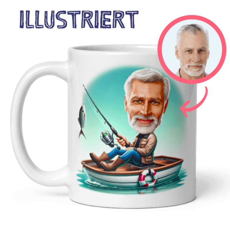 personalisierte Geschenk-Tasse für einen Angler - Karikatur eines Anglers basierend auf Ihrem Foto