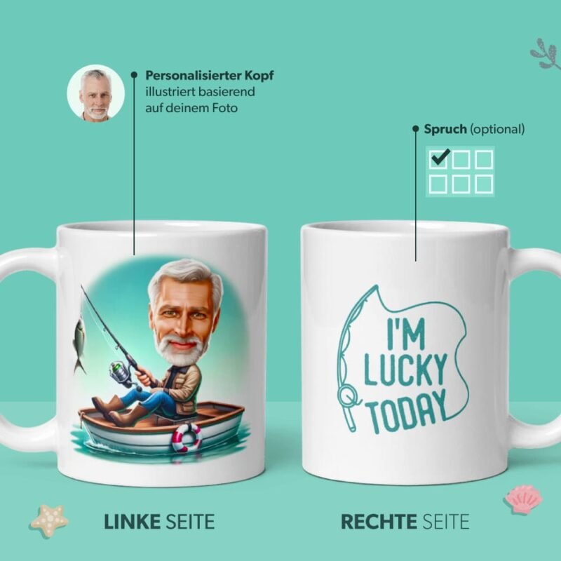 personalisierte Angler-Tasse - Illustration eines Anglers im Boot beim Angeln, erstellt nach einem Foto