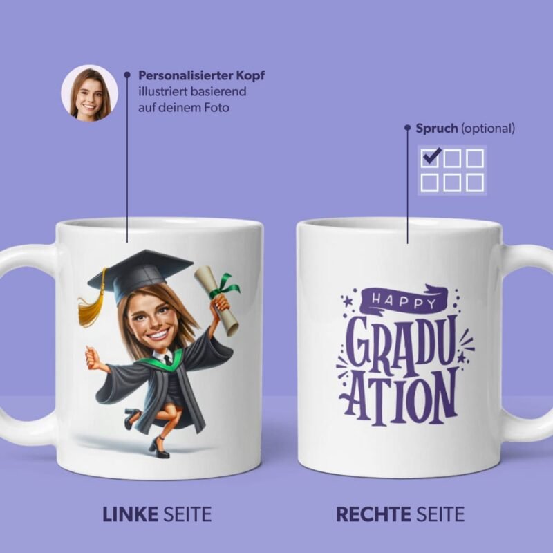 Bachelor-Abschluss-Tasse – personalisierte Karikatur einer Absolventin in Uniform, basierend auf einem Foto mit individuellen Zitaten