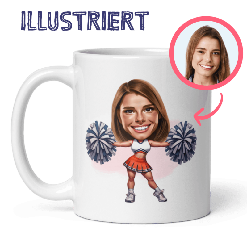 Tasse mit dem Druck eines Mädchens, das als Cheerleader tanzt, personalisiert nach einem Foto