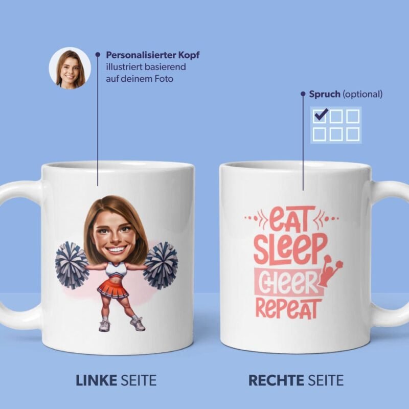 Personalisierte illustrierte Cheerleaderin auf einer Tasse, die tanzt, mit individuellem Zitat auf der rechten Seite der Tasse