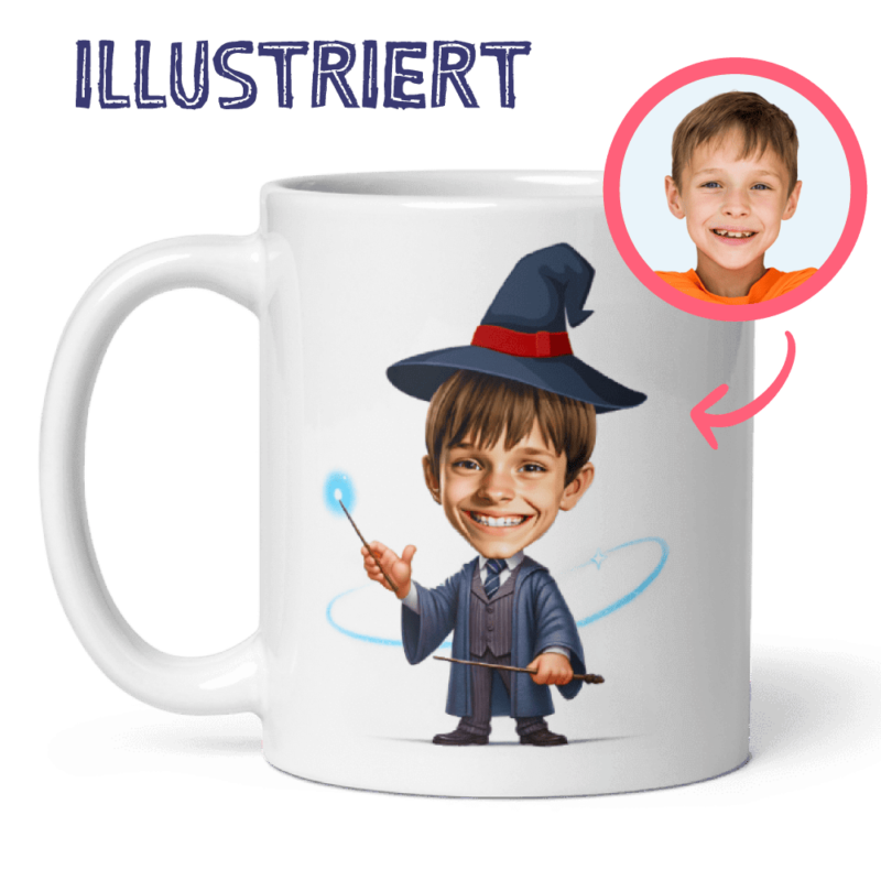 Illustration eines Jungen als Zauberer auf einer Tasse – inspiriert von einer Harry-Potter-Tasse