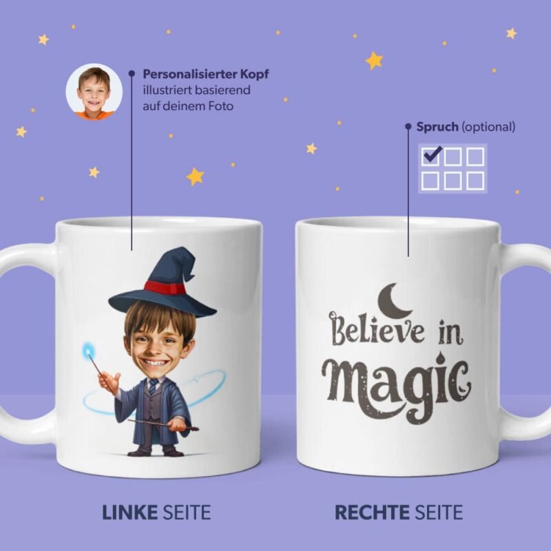 Personalisierte Zauberer-Tasse, illustriert nach Ihrem Foto, mit "magischen" Zitaten auf einem lila Hintergrund