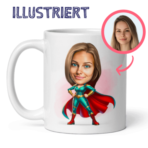 personalisierte Tasse einer Superheldin basierend auf einem Foto