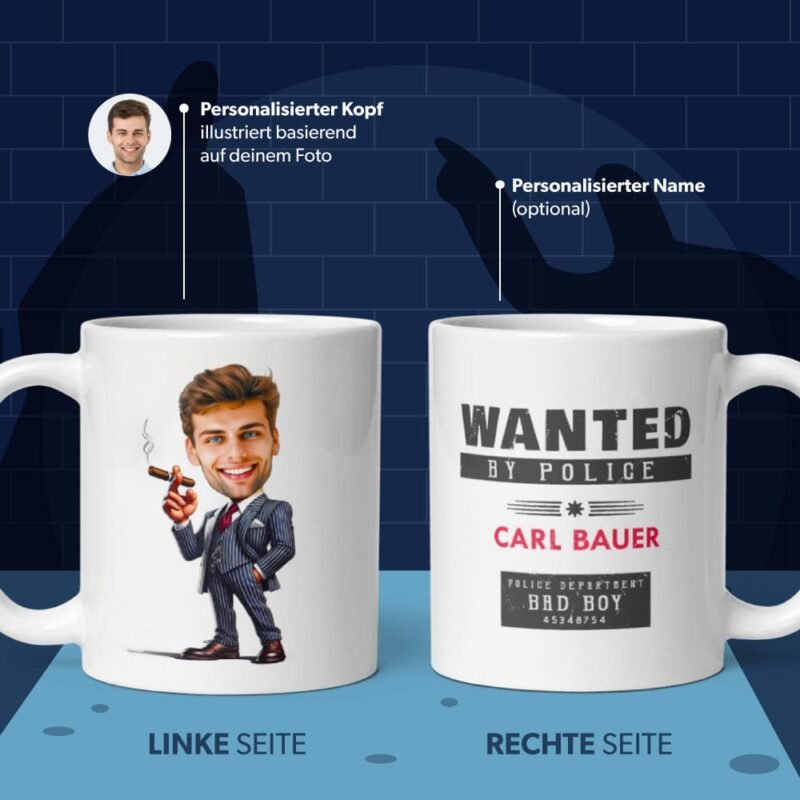 Personalisierte Gangster Tasse aus Foto mit personalisiertem Namen 'Wanted by Police'