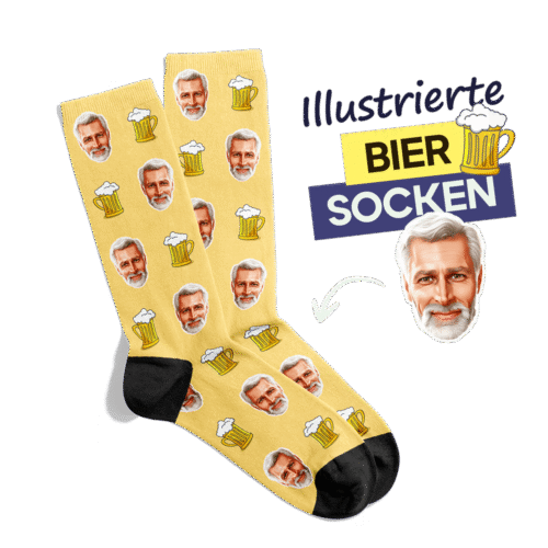 Personalisierte Bier Socken mit illustriertem Gesicht und Bier Design
