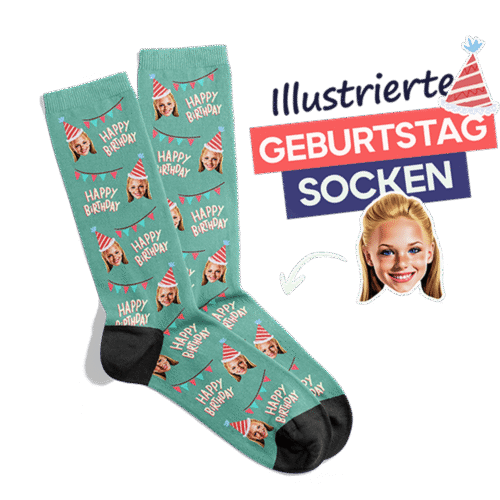 Personalisierte Geburtstag Socken mit illustriertem Gesicht und Happy Birthday Design