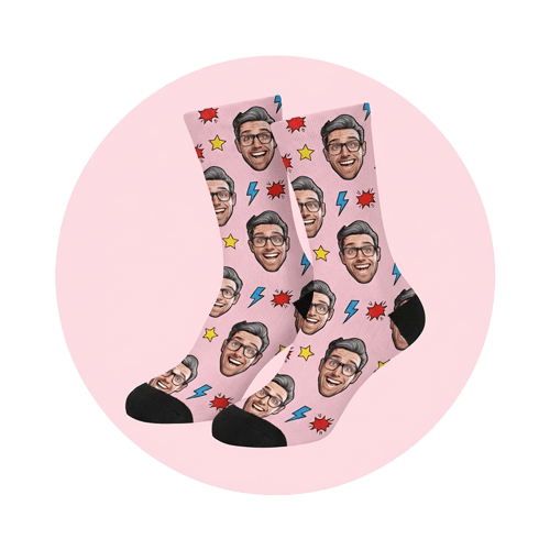 Personalisierte Socken mit illustriertem Gesicht, Beispiel für fertiges Sockendesign