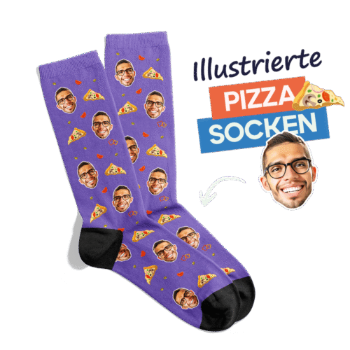 Illustrierte Pizza Socken mit individuellem Gesicht und Pizza Motiven, personalisierte Socken als Geschenk für Pizza Liebhaber